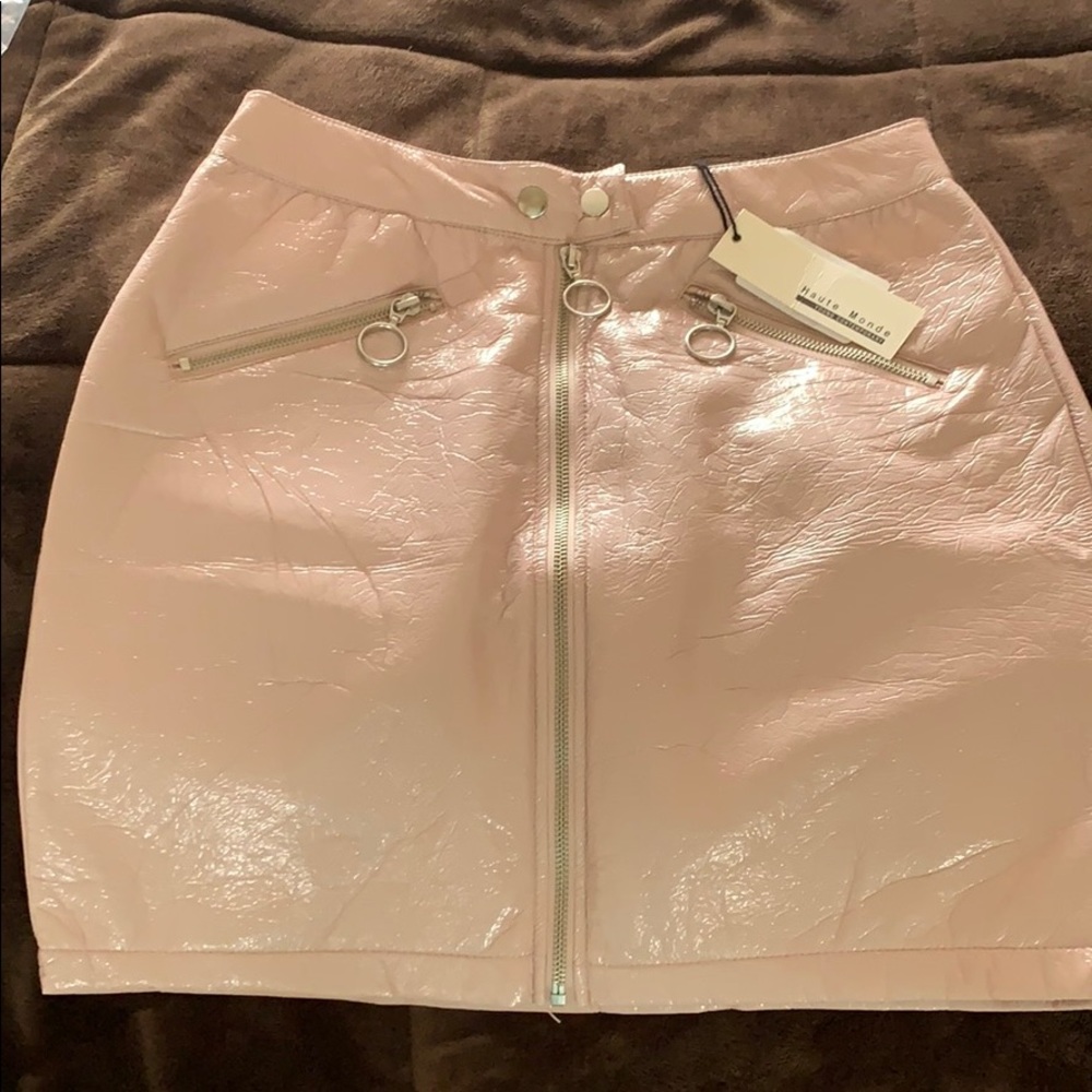 FashionNova Fake leather skirt in blush.
